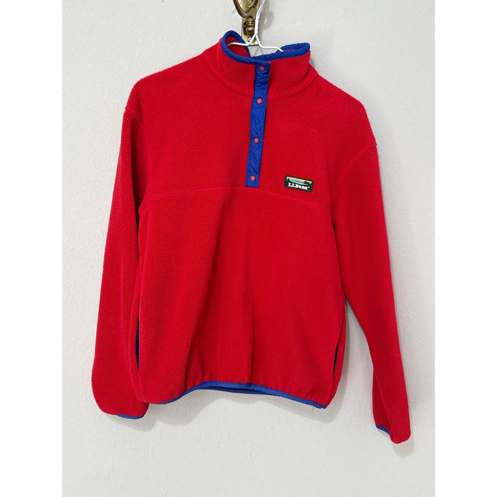 LL Bean Fleece Pullover Womens Small Red Vintage USA Made Snap T Neck
